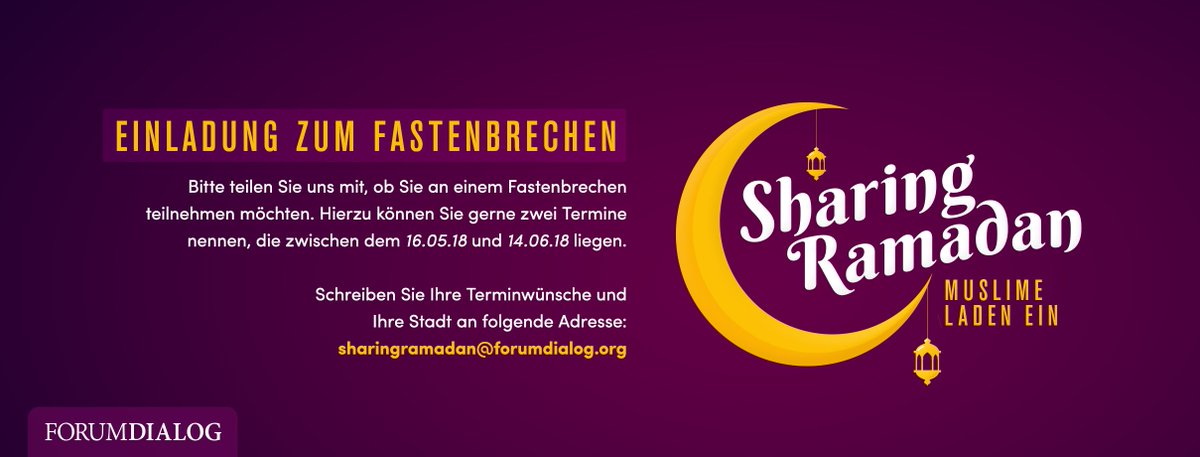 SharingRamadan's tweet photo. #SharingRamadan
Als Forum Dialog möchten wir mit Aktion "SharingRamadan" den besonderen Moment "Fastenbrechen" im Ramadan mit unseren Gästen gemeinsam erleben.
Viele muslimische Familien freuen sich sehr Sie als Gäste Gottes empfangen zu dürfen.
sharingramadan@forumdialog.org https://t.co/p6glNyMgQB