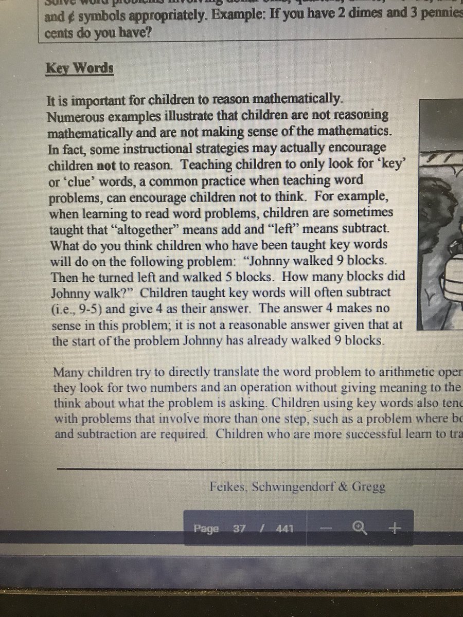 When we are developing mathematical thinkers we want to avoid teaching strategies that can encourage children not to think. Avoid teaching Ss to look for key words. Van de Walls also has good explanation of why not to do it. #tldsblearns #iteachmath