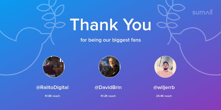Our biggest fans this week: <a href="/RalitoDigital/">@RalitoDigital</a>, <a href="/DavidBrin/">𝐃𝐚𝐯𝐢𝐝 𝐁𝐫𝐢𝐧</a>, @wiljerrb. Thank you! via sumall.com/thankyou?utm_s…
