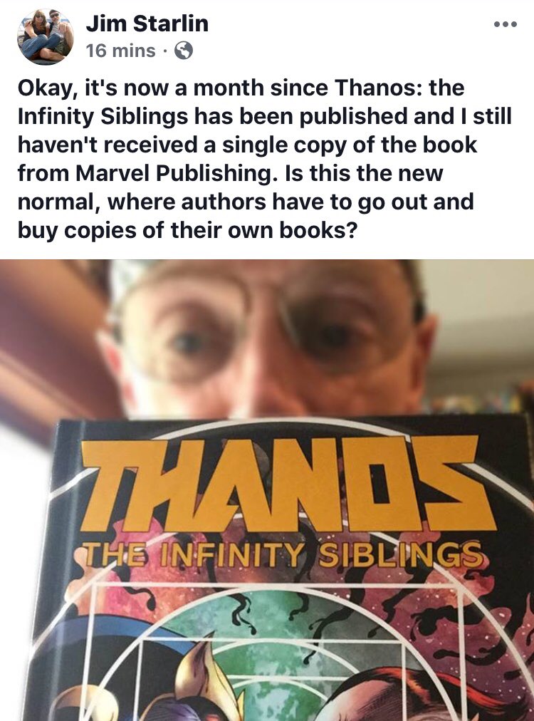 dano_cosmic's tweet photo. A bad policy at #Marvel for sure.  I remember seeing that Tom King didn’t get the #Vision hardcover either.  Bummer, creators should certainly get comp copies of their work.  #JimStarlin #Thanos #InfinitySiblings #AlanDavis #MarvelCosmic https://t.co/uapNfJsCsF
