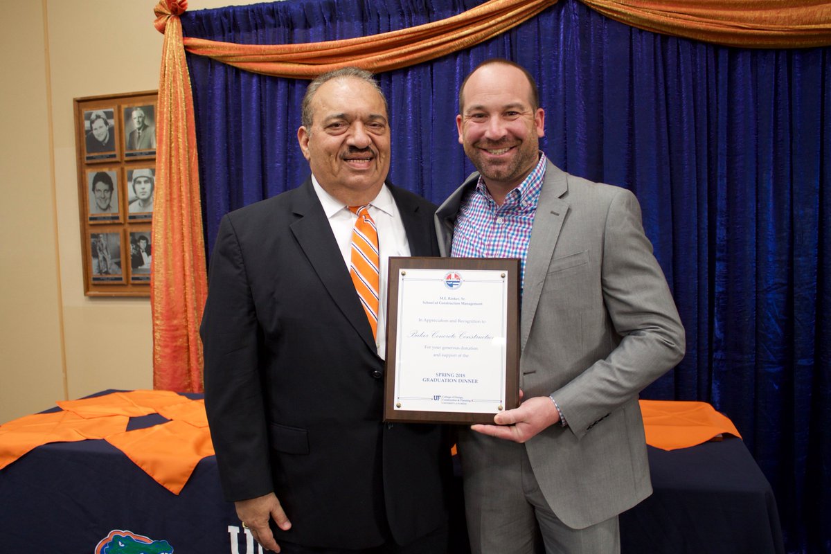 UFRinkerSchool's tweet photo. Congratulations to all of our graduates and good luck! Thank you to @BakerConcrete for sponsoring the Spring 2018 Graduation Dinner and representative, Mark Mehalovich, for joining us to celebrate our graduates! #UFRinkerBuilds #BuildingCareers #UF18 https://t.co/yvclLLnkeC