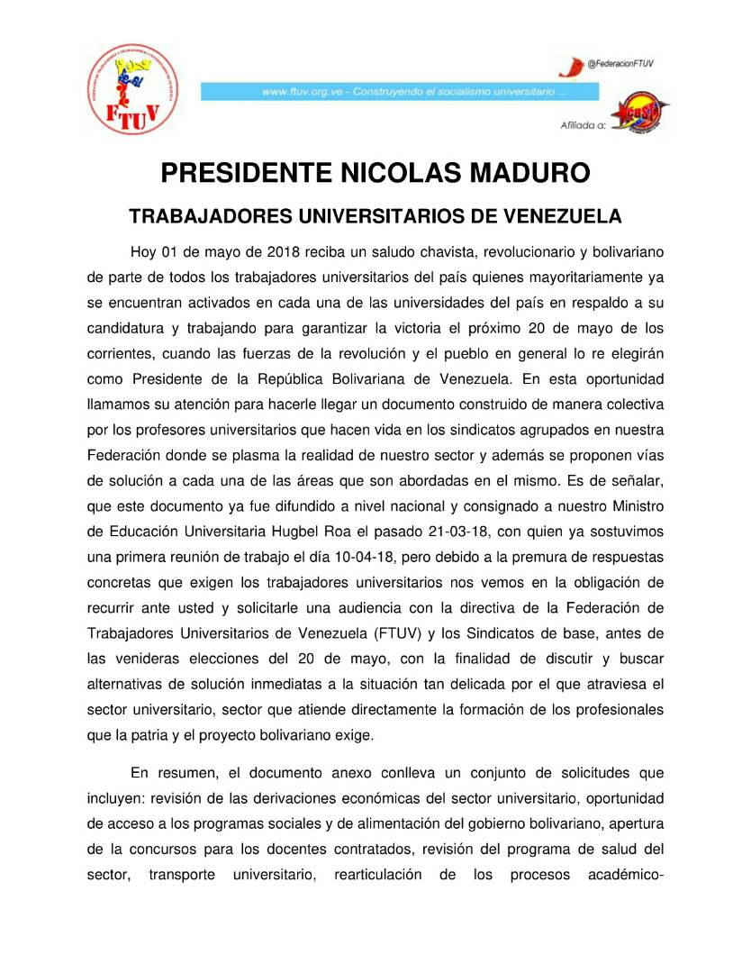 FtuvDocente's tweet photo. Los profesores universitarios de la .@FtuvDocente solicitamos  #SalariosUniversitariosDignosYa y decimos .@NicolasMaduro #VamosNicoDileSiAlosUniversitarios 

Acompáñanos: 
.@hugbelpsuv 
.@Mppeuct 
.@JauaMiranda 
.@TareckPSUV
.@TELEMACOFIGU https://t.co/9KQ3wfJGyp