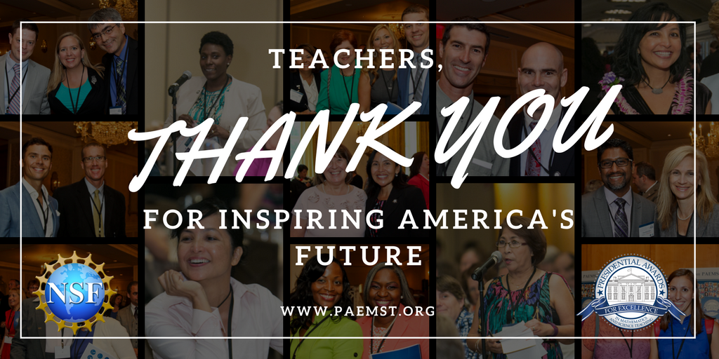 NSF's tweet photo. For #TeacherAppreciationWeek, #PAEMST wants to thank STEM teachers for your hard work in the classroom and dedication to your students! RT to #ThankATeacher! https://t.co/JApqeN8liF https://t.co/VG6p0rxqtR