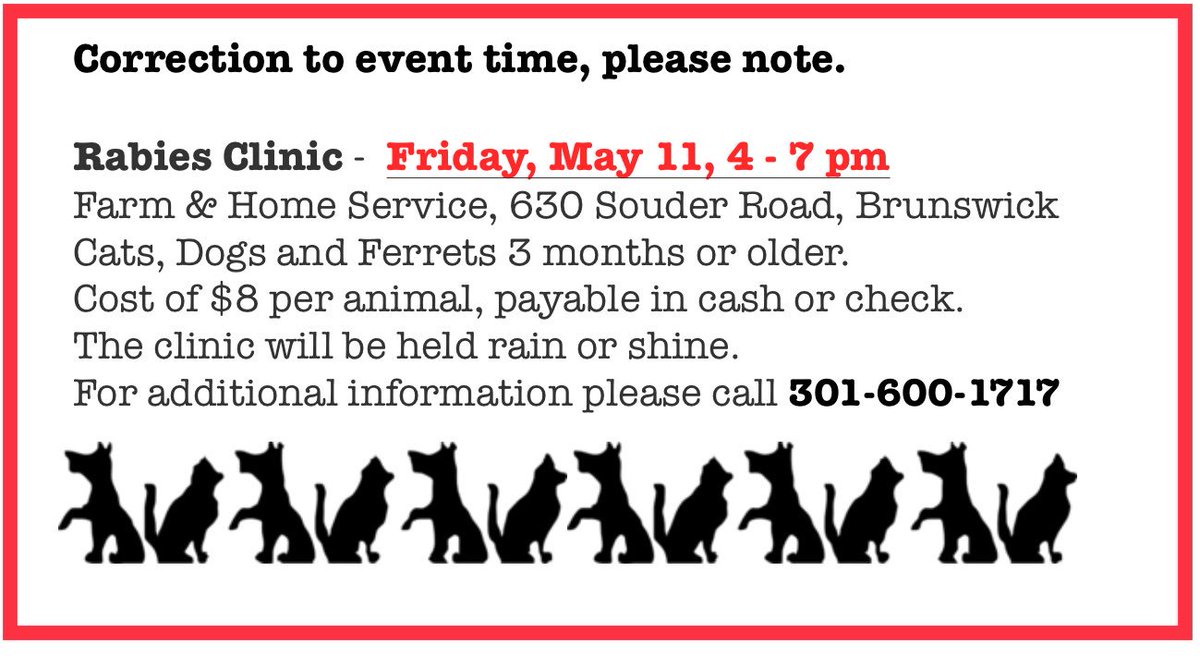 NewsBville's tweet image. RABIES VACCINATION CLINIC- note the heightened rabies threat in our area. There will be  low-cost Rabies Vaccination Clinic on Friday,  May 11th,  from 4-7 pm at Farm &amp;amp; Home Service, 630 Souder Rd., Brunswick, Maryland. Please share.
#Burkittsville #FrederickMD #Rabies