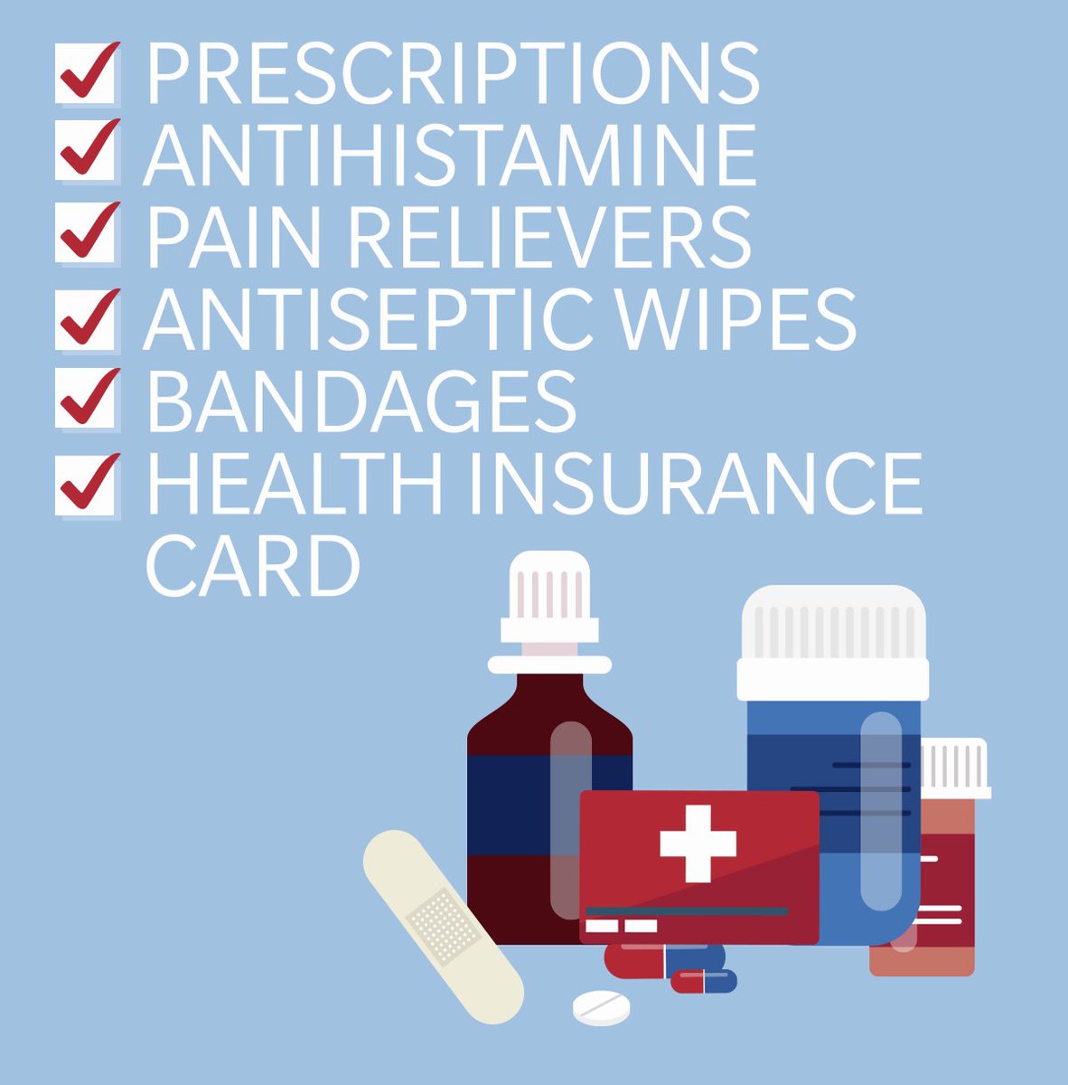 RandyWeeda's tweet photo. You have an emergency kit with food and water for you and your family. Great. But does it have all medications you need?  You may want to make sure your kit is up to date with at least a week's worth of the items below. https://t.co/uzRtXIRO3H
