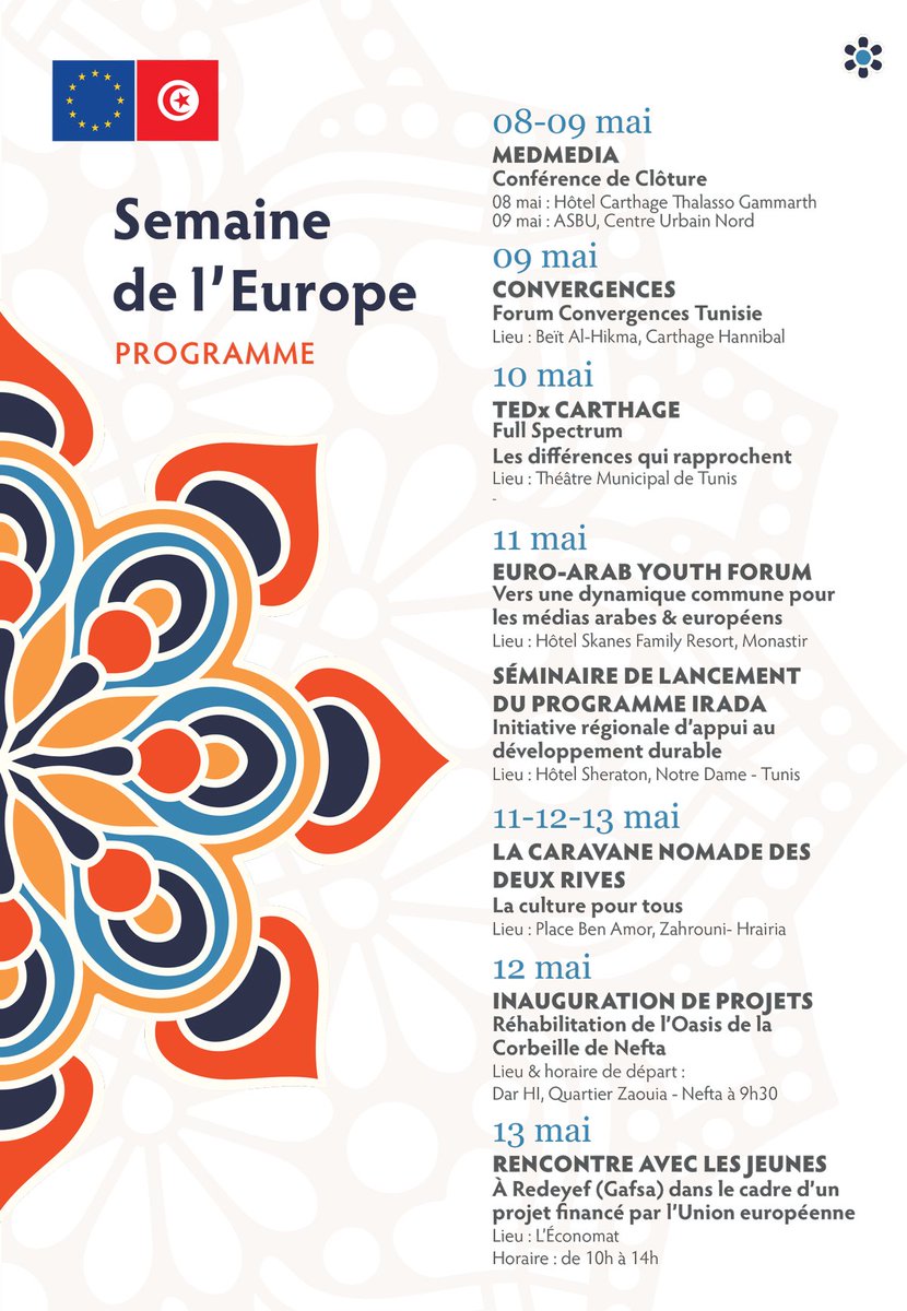 Dans le cadre de la semaine de l'Europe 🇪🇺 en Tunisie 🇹🇳, la Délégation de l’Union européenne organise divers événements en partenariat avec des projets et des partenaires qu'elle finance.
Pour plus d'information : eeas.europa.eu/delegations/tu…
#europeday #semainedeleurope