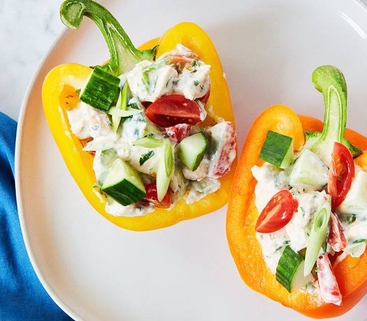 Quick and delish stuffed peppers with greek chicken salad! #foodie #recipes #chickensalad #healthyeats 
porterandcharlesrecipes.ca/recipes/