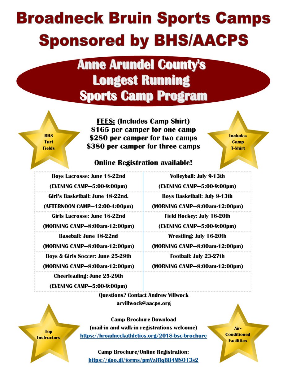 Broadneck Summer Sports Camps are open for registration!

@BroadneckPatch @SevernaPrkPatch @SPVoiceSports @AACapitalSports @capgaznews @CSCElemAACPS @belvedereESAACP @BroadneckES @TheFarmAACPS @MagRiverAACPS @SevernRivAACPS