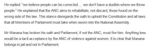 TheMikeAppel's tweet photo. DA Shadow Deputy Minister of Women @TerriStander says she's lodging a complaint Vs convicted women abuser &amp; ANC MP #MduduziManana with the Ethics Committee in the wake of a fresh assault allegation. Dep President DD Mabuza's comments on why #Manana remains an ANC MP...🤔 https://t.co/mtCeWJrfVM