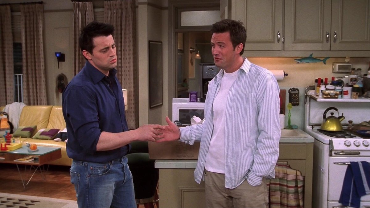 FriendsReruns's tweet photo. CHANDLER: So, awkward hug or lame cool-guy handshake?
JOEY: Lame cool-guy handshake. https://t.co/xO2qfxOp4d