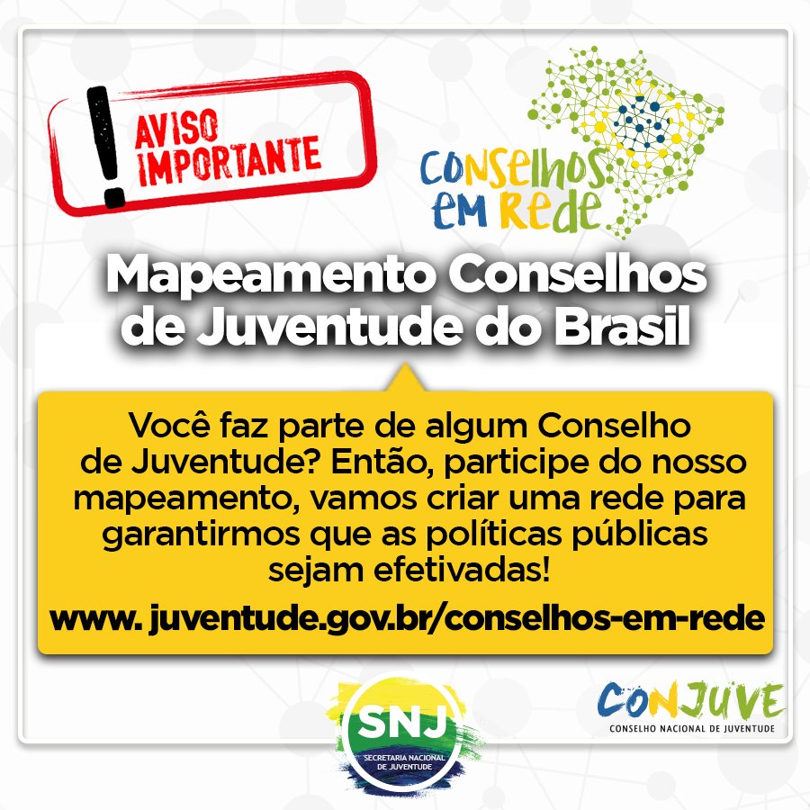 conjuve's tweet photo. Juventude, colabore com o mapeamento e fortaleça o seu conselho! Após o mapeamento, será elaborado um material de formação, que será distribuído junto com um novo guia de #ConselhosEmRede. Participe: https://t.co/jgbkDUbcm0
Saiba mais: https://t.co/7ajcuWynOf
#SNJ #Conjuve https://t.co/5f75vXuqVK