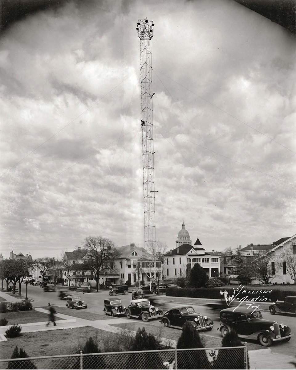 TxHistComm's tweet photo. .@austintexasgov in the 1890s envisioned itself as a city on the forefront of industry and technology. A new dam across the Colorado River generated power for a streetcar system and a most interesting form of streetlighting through “moonlight towers.” https://t.co/FOlK7Kx9YL