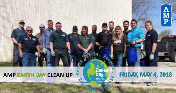 AMP_mfg's tweet photo. [@AMP_mfg CLEAN UP IN HONOR OF EARTH DAY, @EarthDayNetwork] AMP Grounds Cleanup, postponed because of snow, was a success! The AMP team filled 5 full sized garbage cans plus several buckets. That’s not even including clean up at our 2nd location!  💚🌎♻️ #ampproud #earthday2018 https://t.co/JXx5FUDtKR