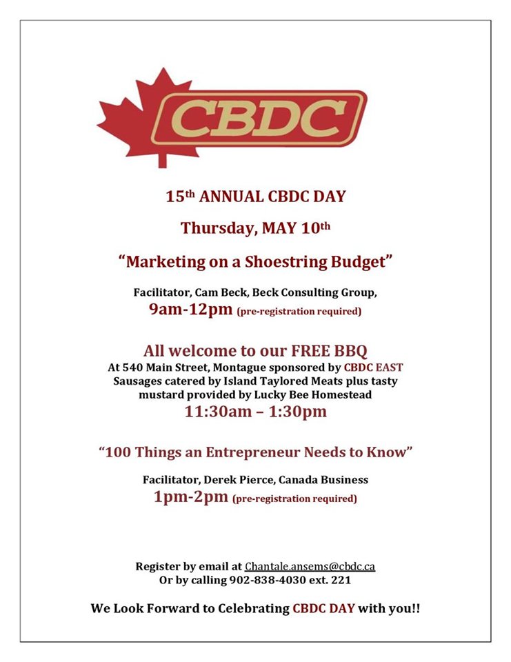 Join us in Montague on Thursday May 10 for <a href="/CBDCPEI/">CBDC PEI</a>  Day