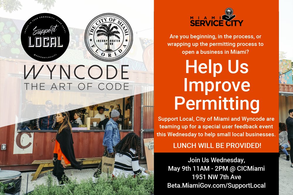 Sarasti's tweet image. Are you a small business w/a brick &amp;amp; mortar shop in @CityofMiami? Help us improve the permitting process! Our friends at #SupportLocalMiami @prismcreative_ &amp;amp; @wyncode are joining us for a special event this Wed at @CIC_Miami. Lunch provided! #ServiceCity beta.miamigov.com/supportlocal