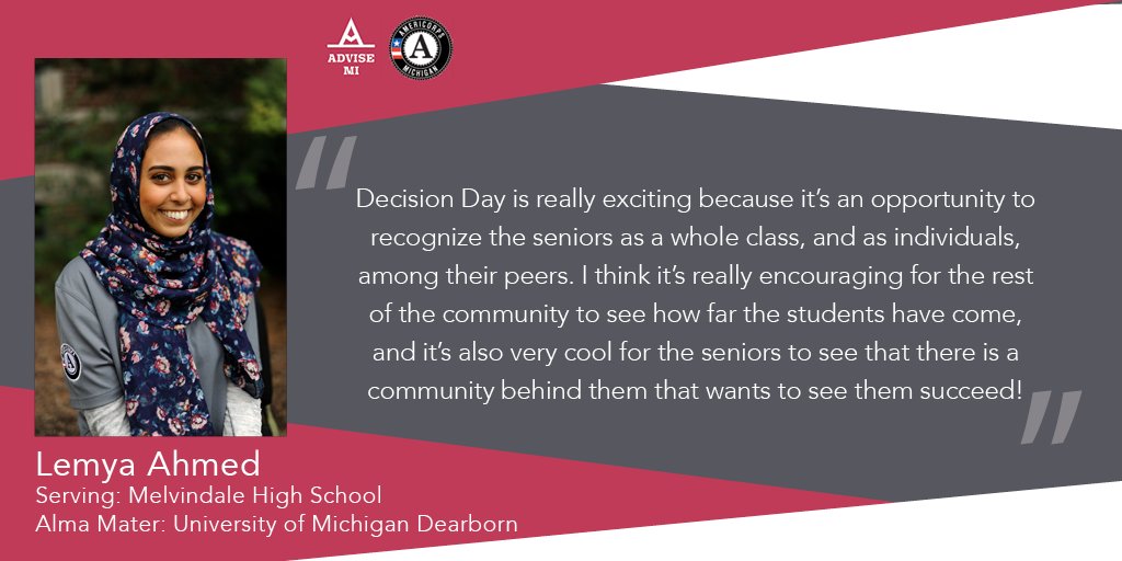 MCANExec's tweet photo. It’s Meet the Adviser Monday: Meet Lemya Ahmed, a first-year adviser and  @UM_Dearborn  alum serving at  Melvindale High School. #AdviseMI #Goal2025 #MiDecisionDay https://t.co/zatfXX48tW
