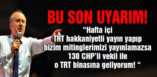 InceSozleri's tweet photo. Bu son uyarım!

"hafta içi TRT hakkaniyetli yayın yapıp bizim mitinglerimizi yayınlamazsa 130 CHP'li vekil ile o TRT binasına geliyorum!"

#YeterArtık https://t.co/eZfbmtpoZ1