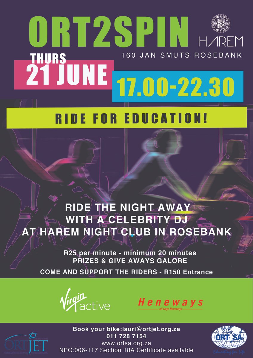 ORT_SA's tweet photo. @ORTJETSA Thanks @markstentdj for your amazing offer to DJ #probono at the #ORT2SPIN charity event at #Harlemnighclub on 21st June. Book your bike now for this not-to-be-missed fun event: laurie@ortjet.org.za https://t.co/3NfdN4acBM