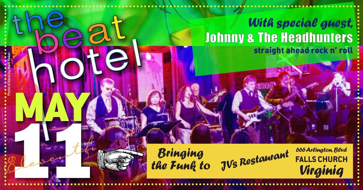beat_hotel's tweet photo. THIS FRIDAY! The Beat Hotel is bringing some swampy New Orleans #funk to @jvsrestaurant’s along with special guest Johnny and the Headhunters! So come out for a night of dinner and dancing at JV’s on Friday, May 11! #dclivemusic #dcfunk #swampfunk https://t.co/CSRigTZv8z
