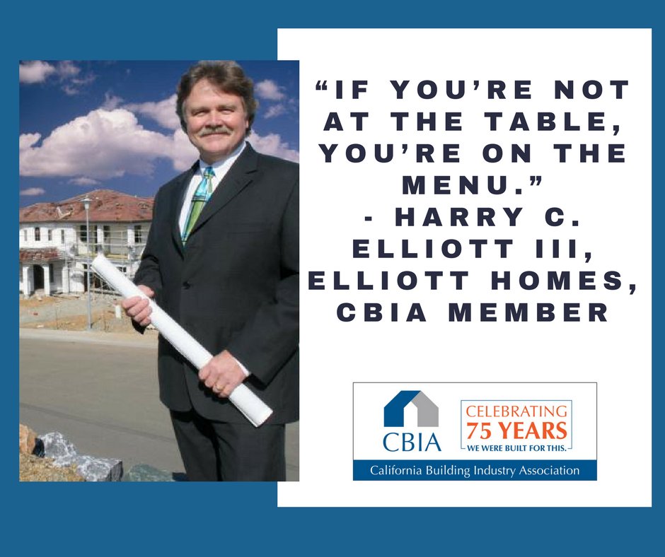 CaliforniaBIA's tweet photo. “If you’re not at the table, you’re on the menu.” - Harry C. Elliott III, Elliott Homes, CBIA Member. CBIA takes that seat at the table for our members, bringing strength in numbers to create a difference with government advocacy. #CBIA75 #BuiltForThis #75YearsStrong #CBIAStrong https://t.co/cX4L1CuxbY