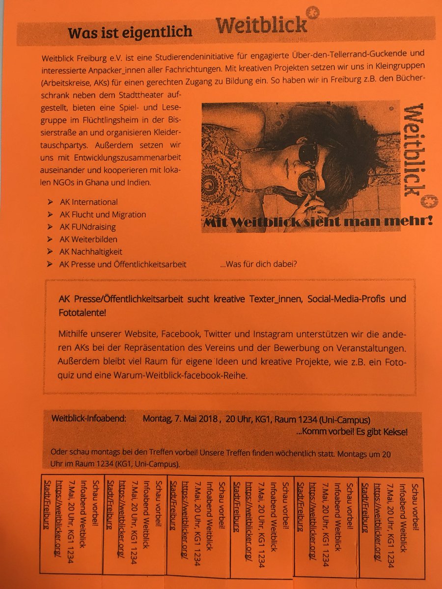 WeitblickFr's tweet photo. Heute ist bei uns Infoabend! Kommt vorbei um 20 Uhr in Raum 1234 des KG1 der Uni. :) #Weitblick #Freiburg #Bildung #Studierendeninitiative https://t.co/g3FFbDSivO