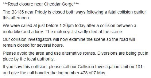 ASPolice's tweet photo. The B3135 near Cheddar Gorge is closed following a fatal collision earlier this afternoon. The road is likely to remain closed for several hours. Please read our post below. https://t.co/WMmiz1ZHkT