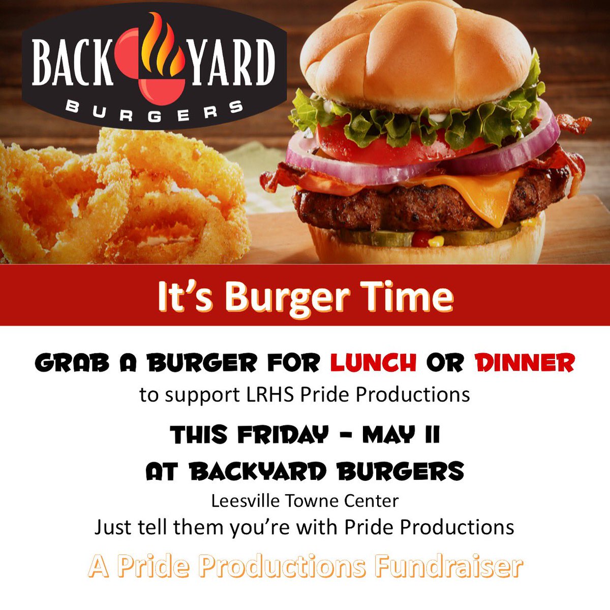 LRHS_Stage's tweet photo. Support #PrideProductions! Grab a burger for lunch or dinner @backyardburgers THIS FRIDAY, May 11 at Leesville Towne Center! Mention LRHS pride productions!! Thank you @leesvilleroadhs #leesvilleroadhighschool #backyardburgers #mondaymotivation https://t.co/tj7Ce8xReD