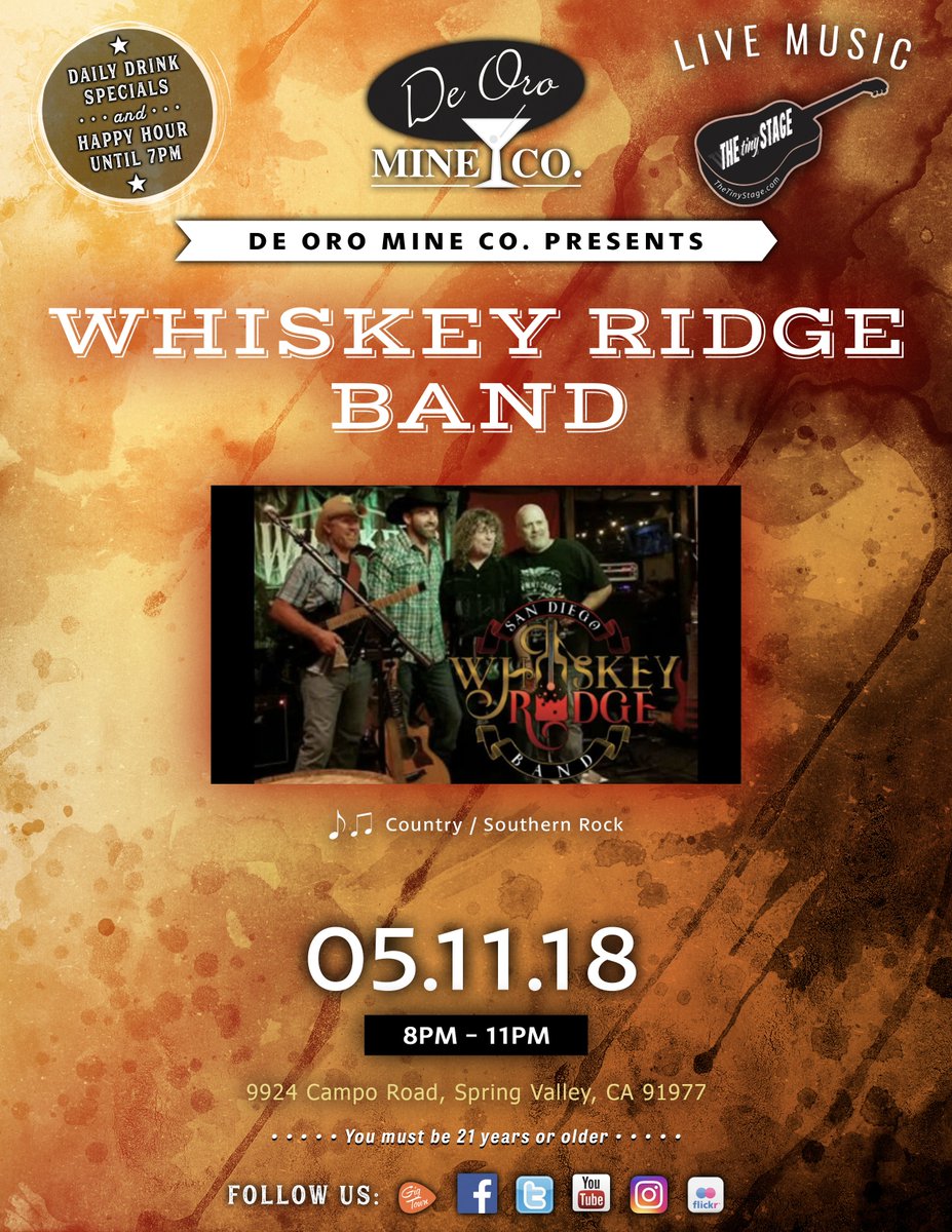 DeOroMineCo's tweet photo. LINE UP REMINDER FOR 5/11/2018 #whiskeyridgeband will be live at 8PM #livemusic #casadeoro #mthelix #deoromineco #thetinystage #livemusicsd #springvalley #eastcounty #cheapassdrinks #eastcountylivemusic #divebar #divebarsd #supportlocalmusic #music #livemusic #friday https://t.co/FWox8omQ9A