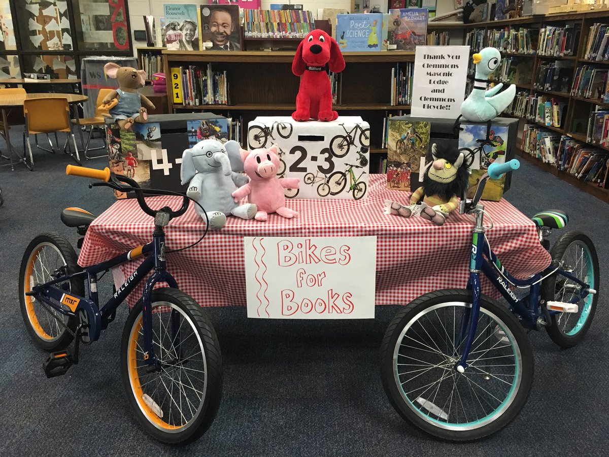 CES_Media1's tweet photo. @ClemmonsES We’re ready to give way some bicycles to readers today!! Thanks to the Clemmons Masonic Lodge and Clemmons Bicycle for supporting our Bikes for Books program! https://t.co/3SpHIDhTkn