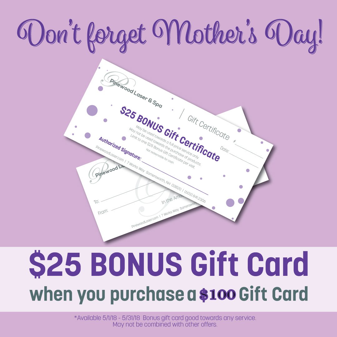 PinewoodLaser's tweet image. RT @Spafinder: Mother's day is just around the corner. Don't forget to gift your supermom with spa. -- Pinewood Laser &amp;amp; Spa has a giftcard special for you; buy $100 gift card and get $25 BONUS card! 
#MothersDay #TreatMom #TreatYourself #MothersDaySpecial #NHSpa