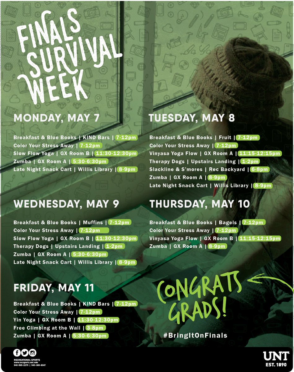 UNTRecSports's tweet photo. It's finals week but we're here to help! Check out what FINALS SURVIVAL WEEK has got going on! Everything is FREE!

Good luck!!! https://t.co/K9Qc9us3GQ