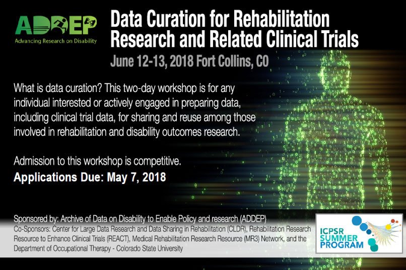 UTMB_RehabSci's tweet photo. APPS DUE TODAY - Data Curation Workshop: June 12-13, 2018 @ICPSRSummer from The Archive of Data on Disability to Enable Policy and research (#ADDEP), an initiative of Center for Large Data Research & Data Sharing in Rehabilitation (#CLDR) & @ICPSR!
https://t.co/P2idW9uOks https://t.co/SYCk82p1Gq
