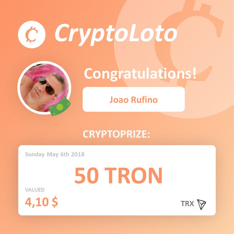 cryptoloto's tweet photo. And we got our third winner!!!  Congrats to Joao who won 50 $TRX #TRON yesterday!!
#Android #app ! https://t.co/eXaX7HneIj … 
Cryptoprizes to win: $BCH $DASH $LTC $NEO $XRP $ADA $TRX
and.... 1 BTC JACKPOT! https://t.co/GlyGY0kcHR