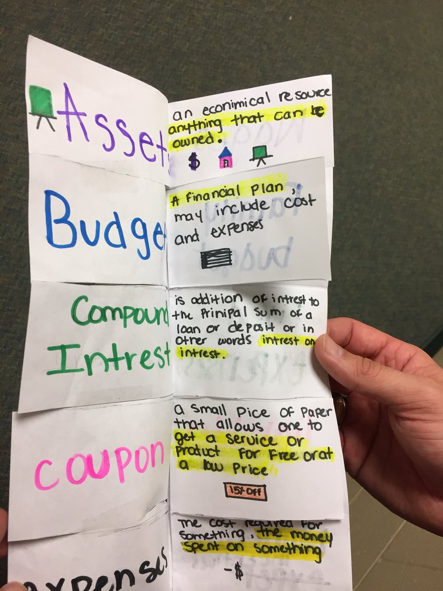 MaraMaraTran's tweet image. 7th Grader making their own Financial booklet, writing definitions, real world examples and a picture. @CardiffColts #katyModelsMath