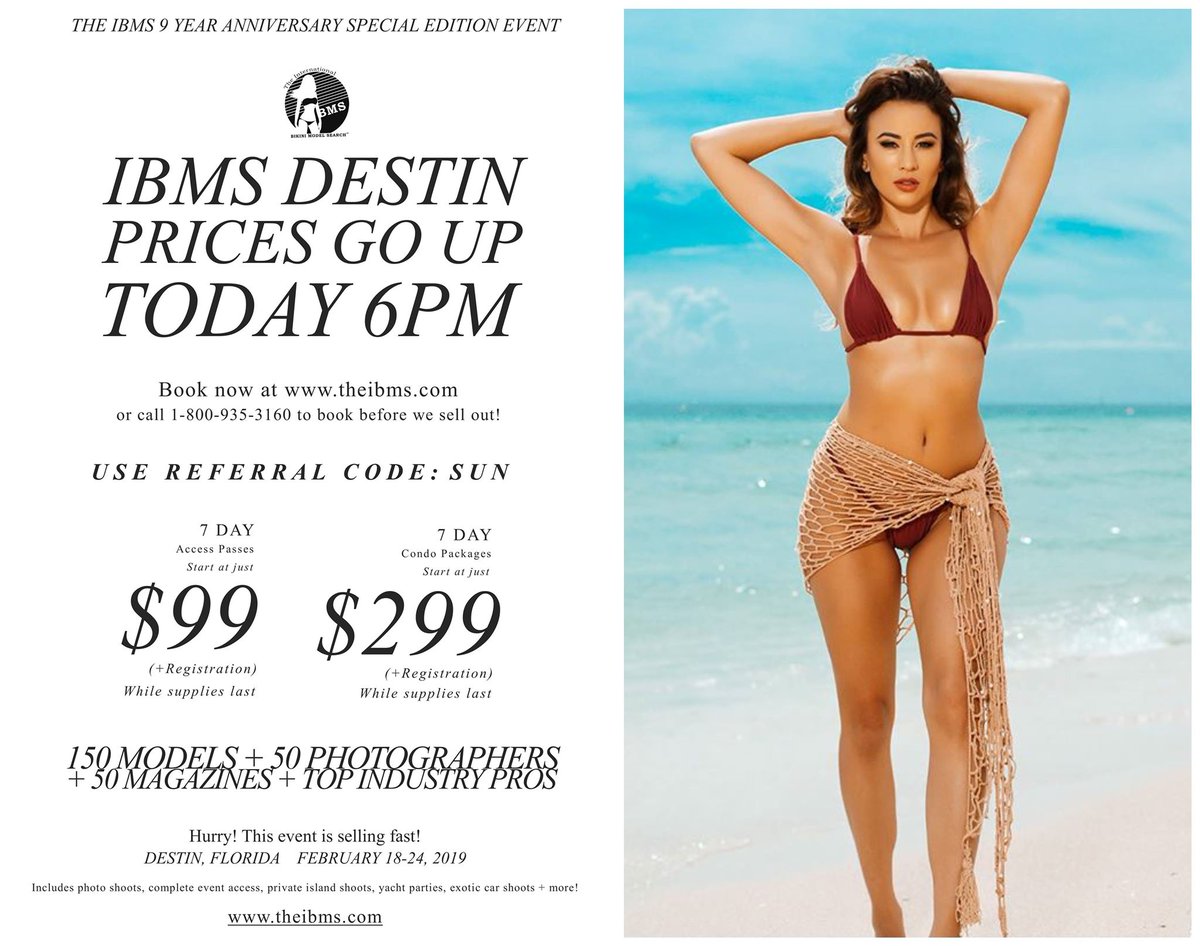 theibms's tweet photo. HURRY! PRICES GO UP AT 6PM! 

BOOK NOW AT https://t.co/X3UtRErm8P OR CALL 1-800-935-3160 BEFORE 6PM! Join up to 150 models, 50 photographers, 50 magazines and many of the industry's top pros 9 Year Anniversary Special Edition Event in Destin, Florida February 18-24, 2019! https://t.co/BviGDIUx7j