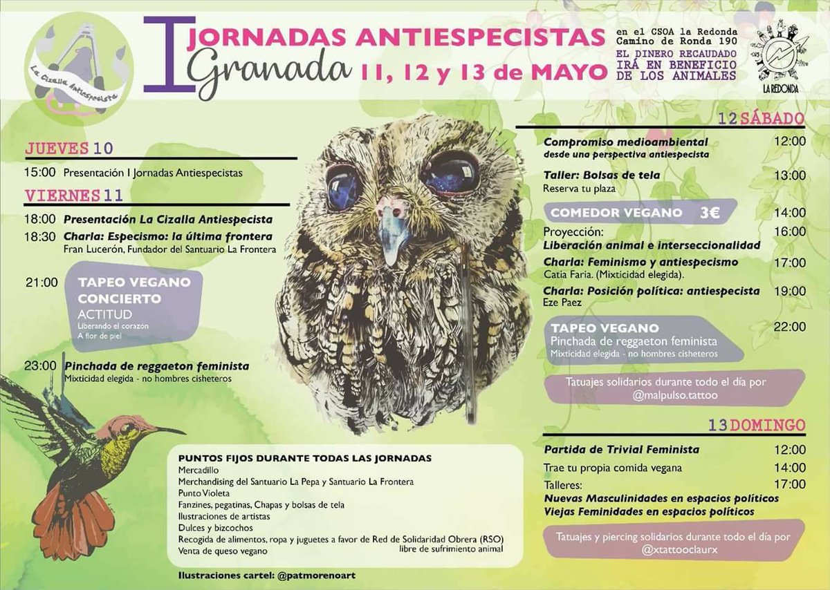 Este fin de semana tenemos una cita que no nos podemos perder.

¡Os presentamos las I Jornadas Antiespecistas de Granada organizado por las compañeres de La Cizalla Antiespecista en CSOA La Redonda!