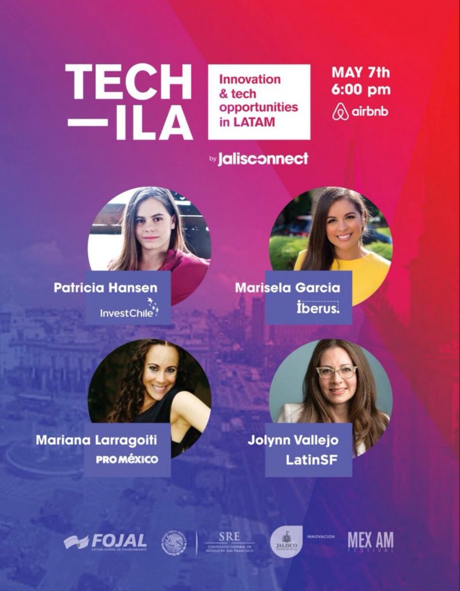 latinas_tech's tweet photo. Great event tonight in San Francisco at @Airbnb featuring 4 great Latinas discussing business opportunities in Latin America @marisela_SF of @Iberus_SF  + @jolynnvallejo of @Latin_SF + @PatriciaHansenB of @InvestChile + Mariana Larrogoiti of @ProMexico 👉 https://t.co/PjH3NYk6SN https://t.co/TFji9rmByq