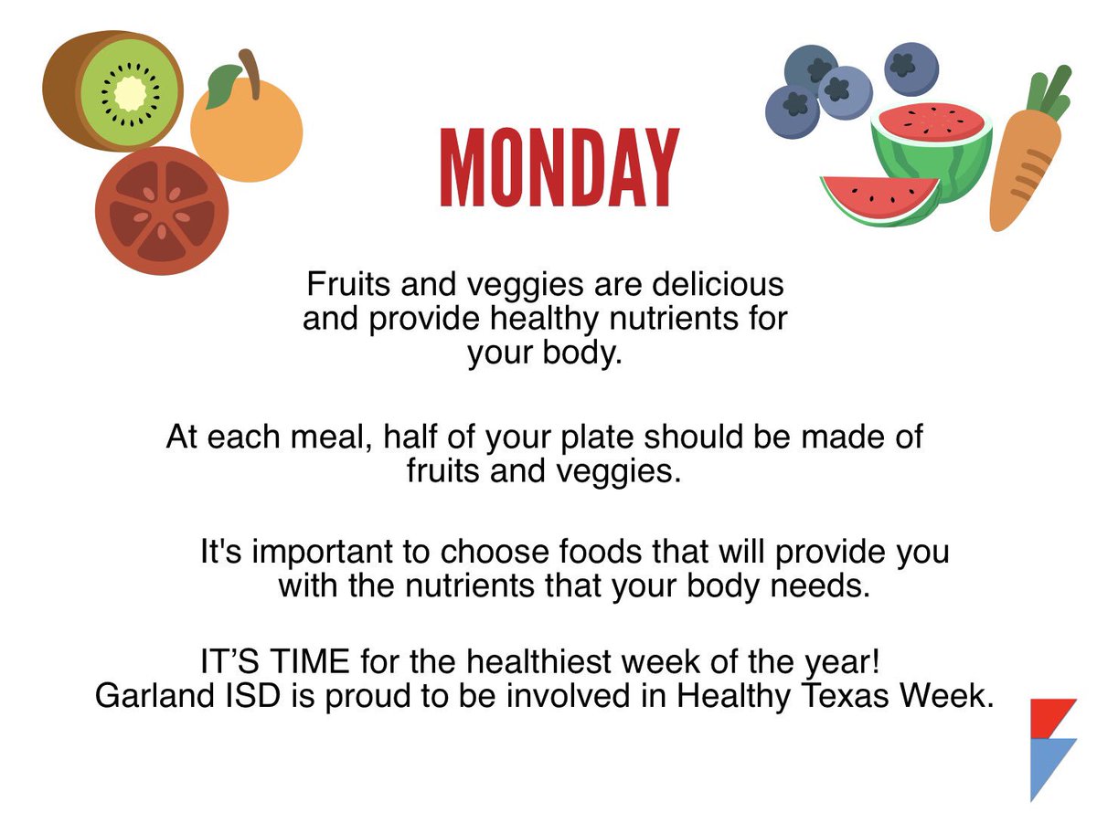 gisdwellness's tweet image. Today is the first day of @itstime #HealthyTexasWeek!  Today’s focus is on eating more fruits and veggies. What is your favorite fruit or veggie? 🍏🥦🥝🥕🍓🌽🍇🍠 @gisdnutrition @gisdnews @GISDhealth @GISD_PE