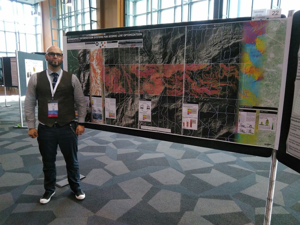 DrChrisGeoSci's tweet photo. #Poster for my talk on #Geographic #Information Systems #GIS for #Seismic Line Optimization #Geoconvention #Conference #yyc #calgary this #AM for some #geoscience #geology #geophysics #social #oilandgas #science #ESRI #ArcGISPro #Photoshop #Illustrator https://t.co/3WwNaf7x3K