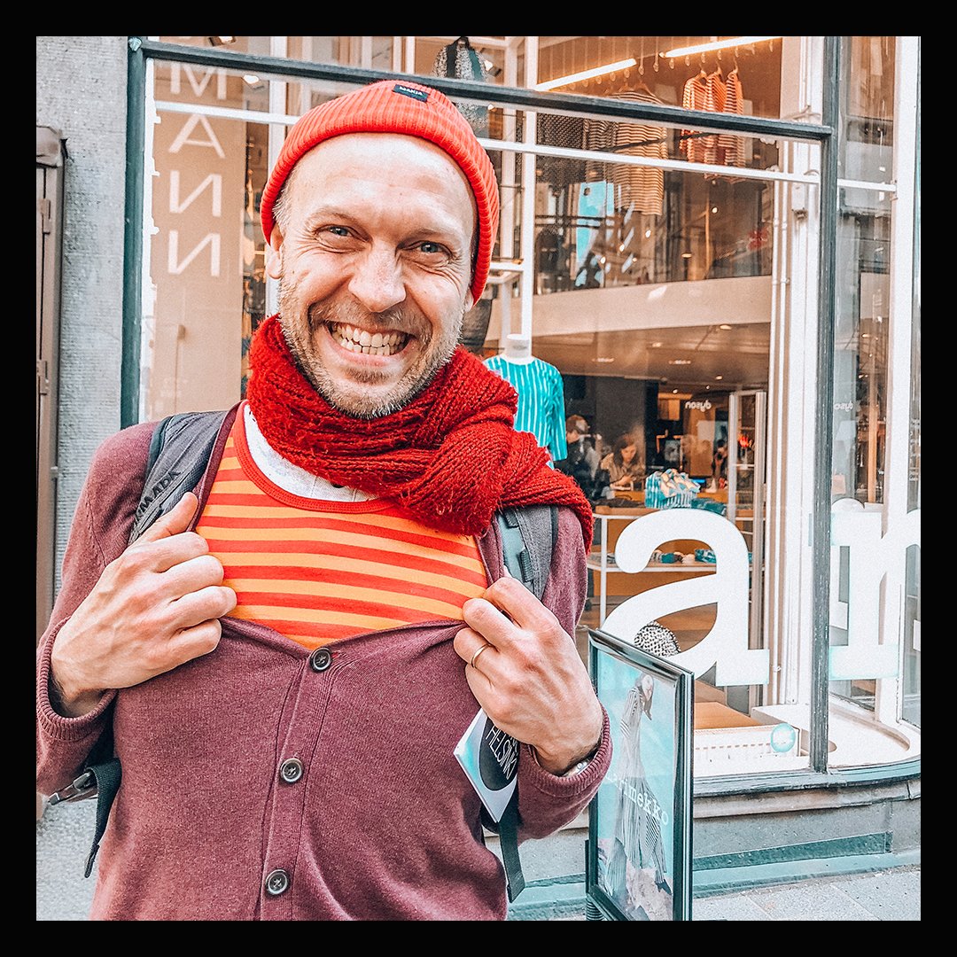 PingHelsinki's tweet photo. What we learned on the #DesignTour in Helsinki today: Finns are very proud people. They feel very strong about their achievements, clever ideas and individuality. Meet Karri and his @Marimekkoglobal t-shirt. https://t.co/4tgEJ2f9Jq