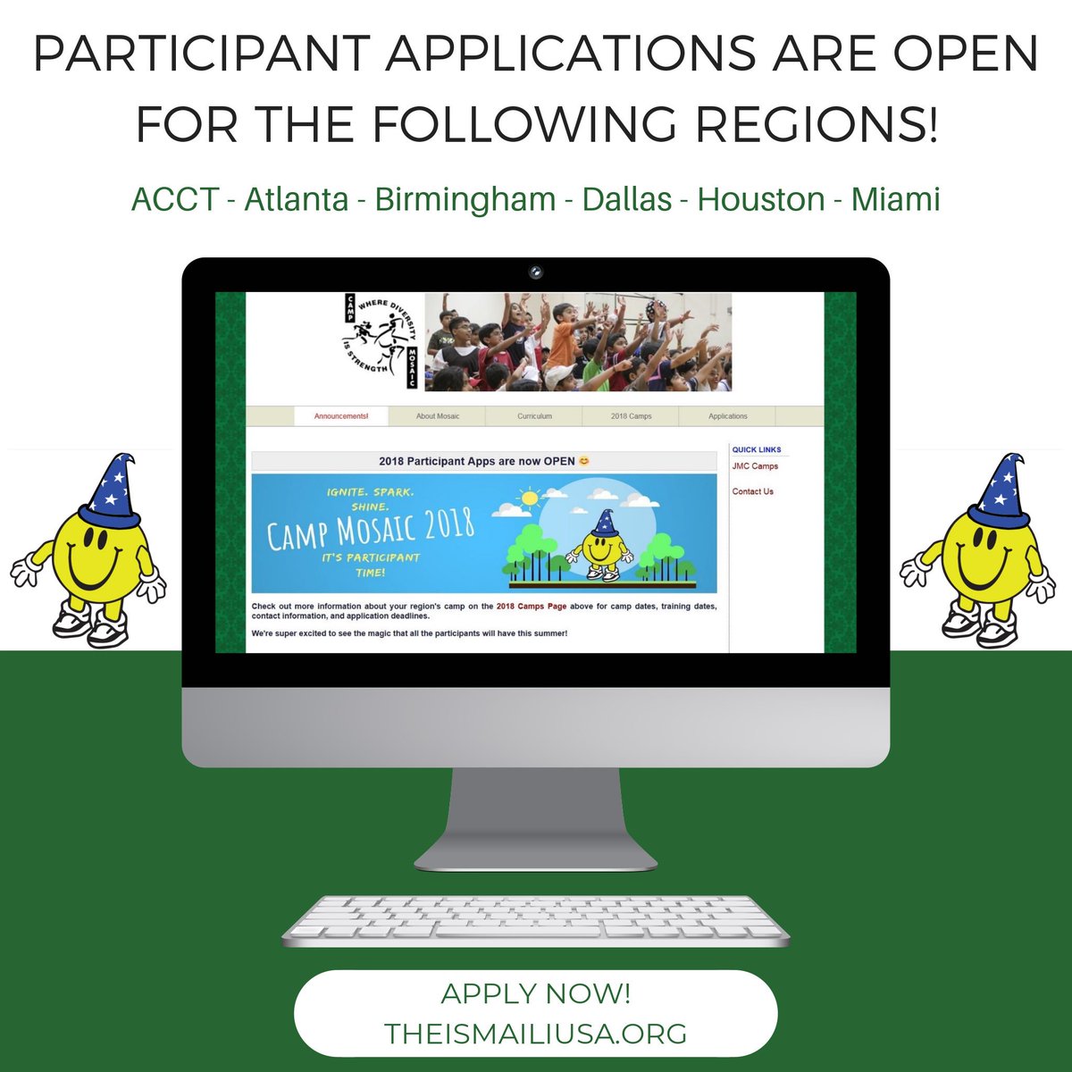 CampMosaic's tweet photo. Participant Applications are now open for the regions below! If you or your loved one is a rising 1st–8th grader, visit https://t.co/inKRmLdz6g for more information on camp dates and to apply now! #itsmagictime https://t.co/53deBv9bmy