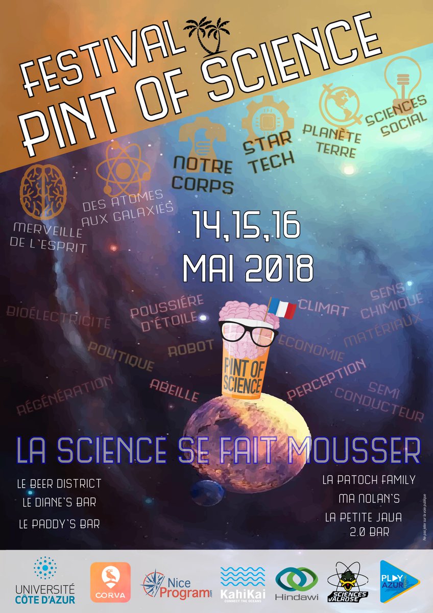 PlayAzur's tweet photo. [Événement - #JeuConcours]
Tu aimes la #bière? Tu aimes la #science?

Ça tombe bien : Le festival @pintofscienceFR revient pour la seconde année à  #Nice06 et nous sommes #Partenaire !
Les dates, lieux et conférences ici : https://t.co/1qS7iU49MN

@uca_research #CôtedAzurFrance https://t.co/qwsg6ZCLmO