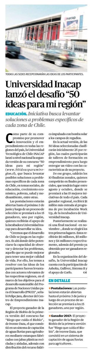 fomentobiobio's tweet photo. Universidad Inacap lanzó el desafío 50 ideas para mi Región de Ñuble 💡Por 🗞️@CronicaChillan ✅ @Corfo @gorebiobio @chillanInacap @INACAPINOS 📌https://t.co/rjHtvAgFjk https://t.co/m8HAqhenO0