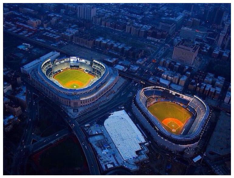 denisjco's tweet photo. A view you wonโt see again ...Old and New Yankee Stadium lit up at the same time ... #Memories #BronxBombers #NYY #Yankees #MLB #NYC #Bronx #HouseThatRuthBuilt #baseball https://t.co/AIQtxyRWSp