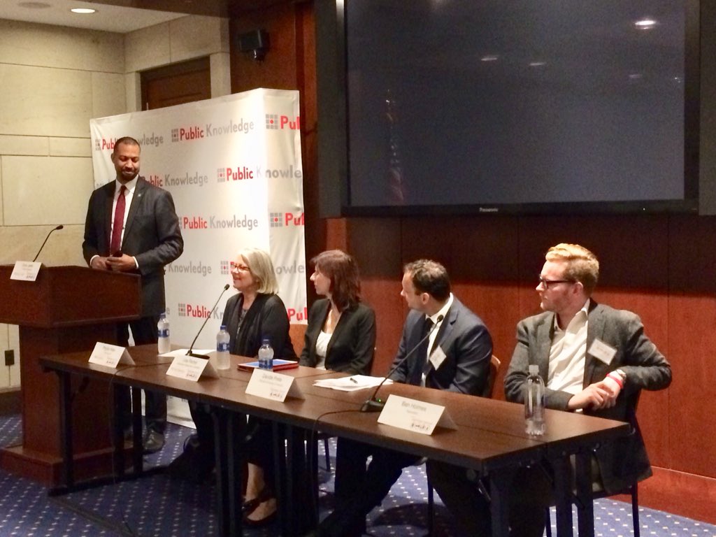 publicknowledge's tweet photo. Second panel of the day goes back to our #3DDC roots. “What’s Next for 3D Printing,” w/ @JRarchaeology, @FabLabDC, David Prete of @CatholicUniv, Ben Holmes of Nanochon, &amp; @ChrisJ_Lewis. #ETDC #3DPrinting https://t.co/4TPVzuKBI2
