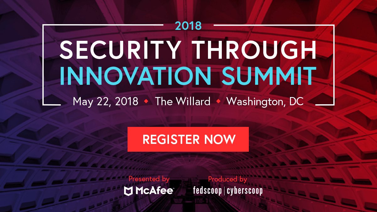 fedscoop's tweet photo. #McAfee2018 will dive into a series of key issues central to federal IT. Register to hear @CMSgov's @BobbySaxon, @ThreatQuotient's @gschumm &amp; @McAfee_Gov's @FlynnPartyof5 discuss #threatintelligence: https://t.co/gwAGW6lOpA https://t.co/sJcV6c92Bp