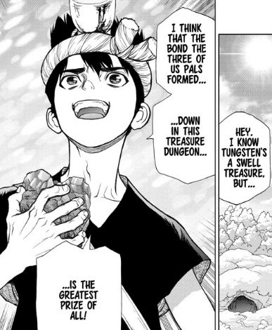 Dr. Stone trivia ch56:Senku& #39;s gonna retell the tale of the pirate with a hat of straw, and Chrome& #39;ll blurt out, "The One Piece is friendship, right???"