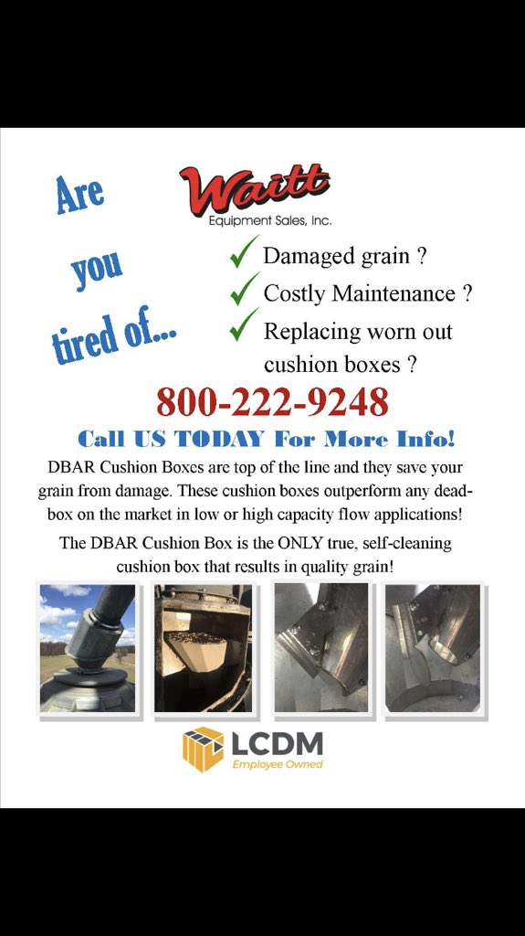 WaittSales's tweet photo. Looking to save money on repairs, and get the most of our four grain!? Whether in High or Low capacity applications this DBAR Cushion Box does the job! Plus it’s self cleaning!!! https://t.co/uYV2kss3O4
