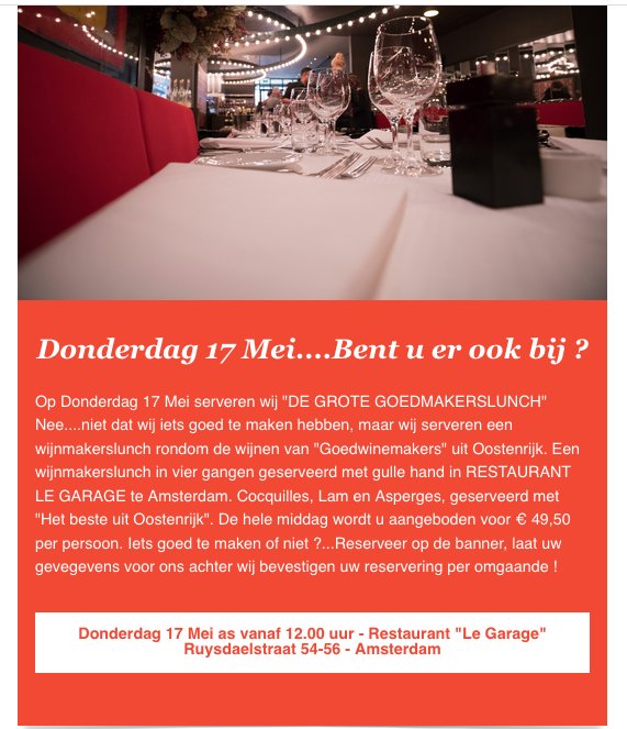 DONDERDAG 17 Mei..... Bent u er ook bij?
Op donderdag 17 mei serveren wij de "Grote Goedmakerslunch" 
Reserveren kan via info@restaurantlegarage.nl !🍴🍴🍴🍴🍴