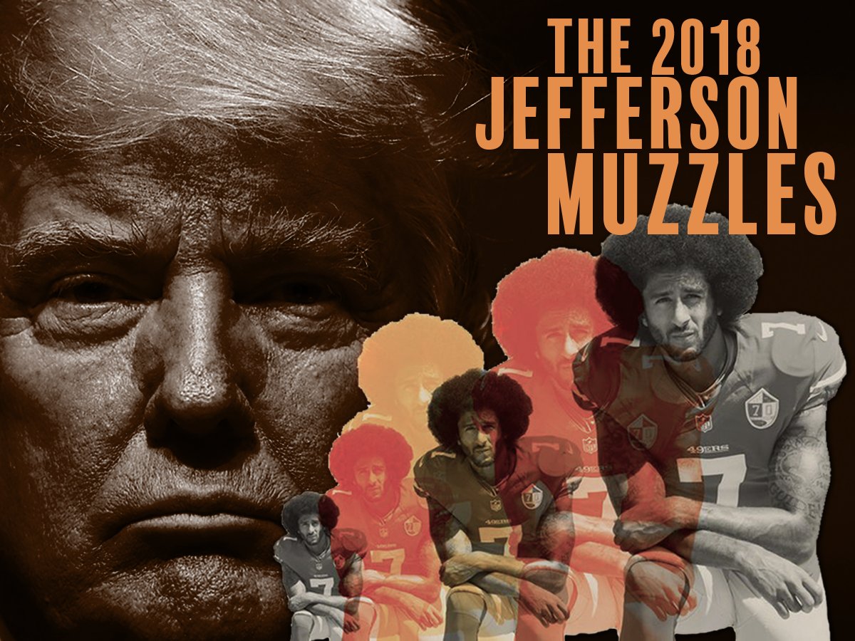 TJCenterOrg's tweet image. The 2018 Muzzles are here!!!
Attacks on protest speech were everywhere last year. At all levels of government, we observed actions meant to silence unpopular and unorthodox voices, often in direct contradiction of clearly established laws. Winners at jeffersonmuzzles.org
